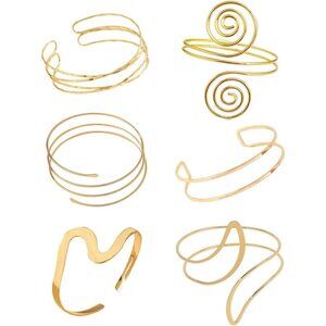 Minimalist Arm Cuff Gold Plated Set 6 Pieces Adjustable Upper Arm Bangle
